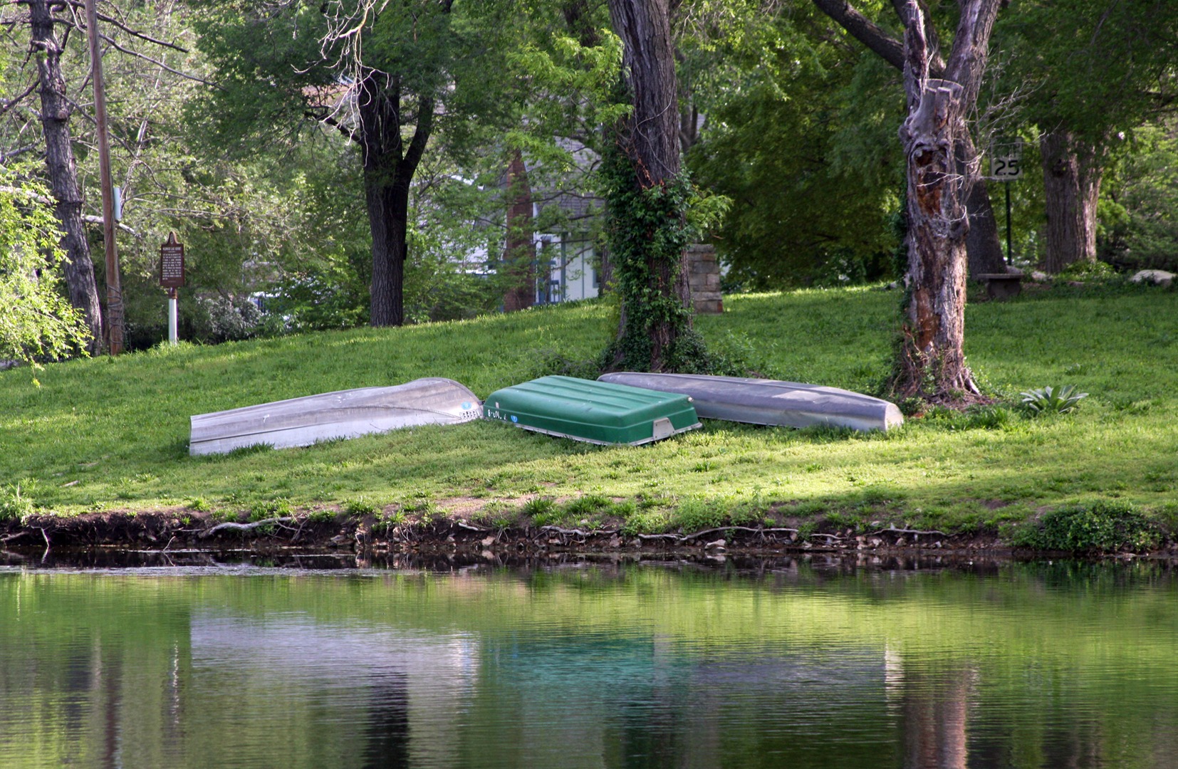 Boats along the grassy shore at Wildwood Lake
